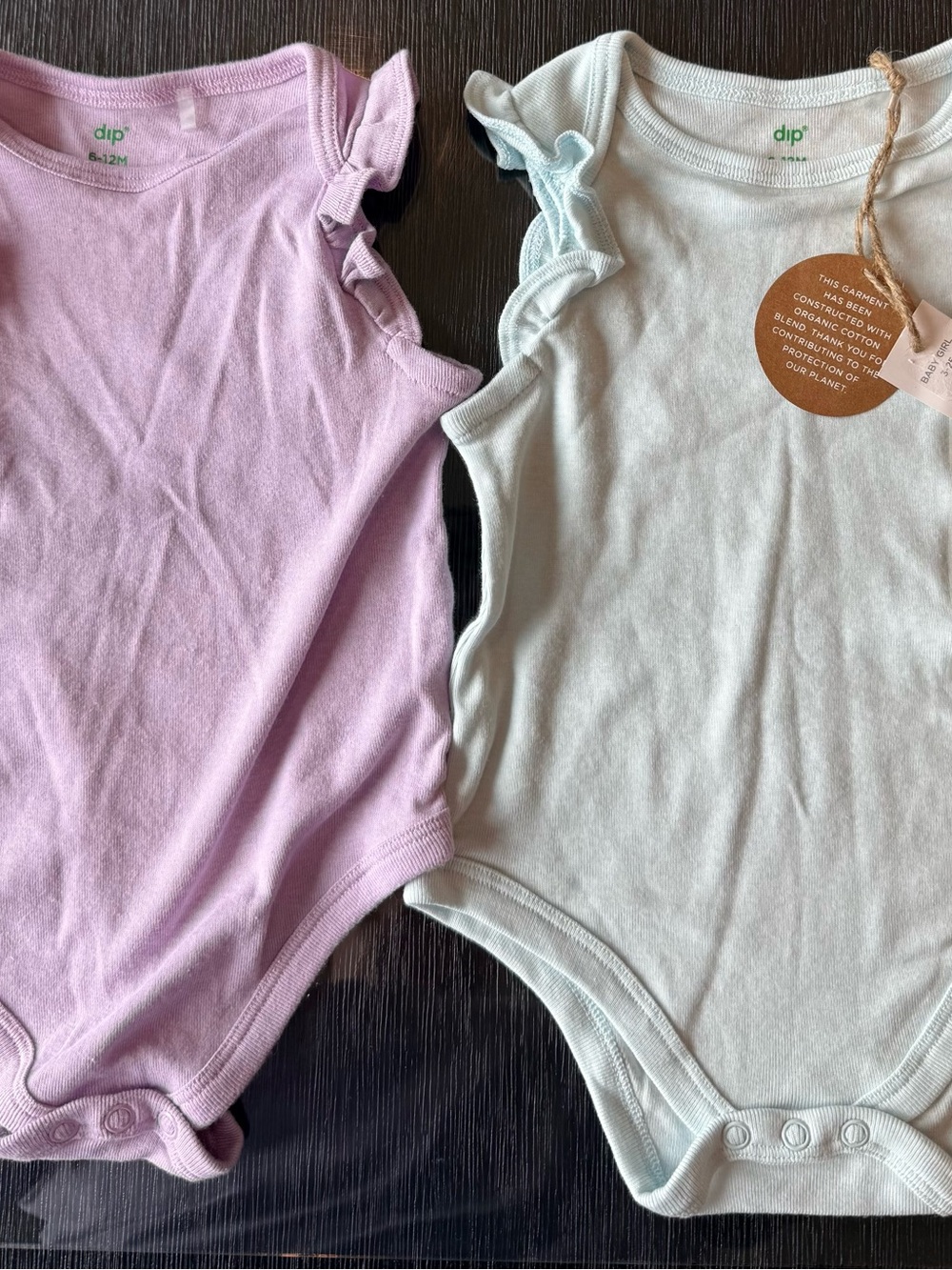 dip Ruffle Shoulder One-Piece Bodysuits in Lilac and light Blue